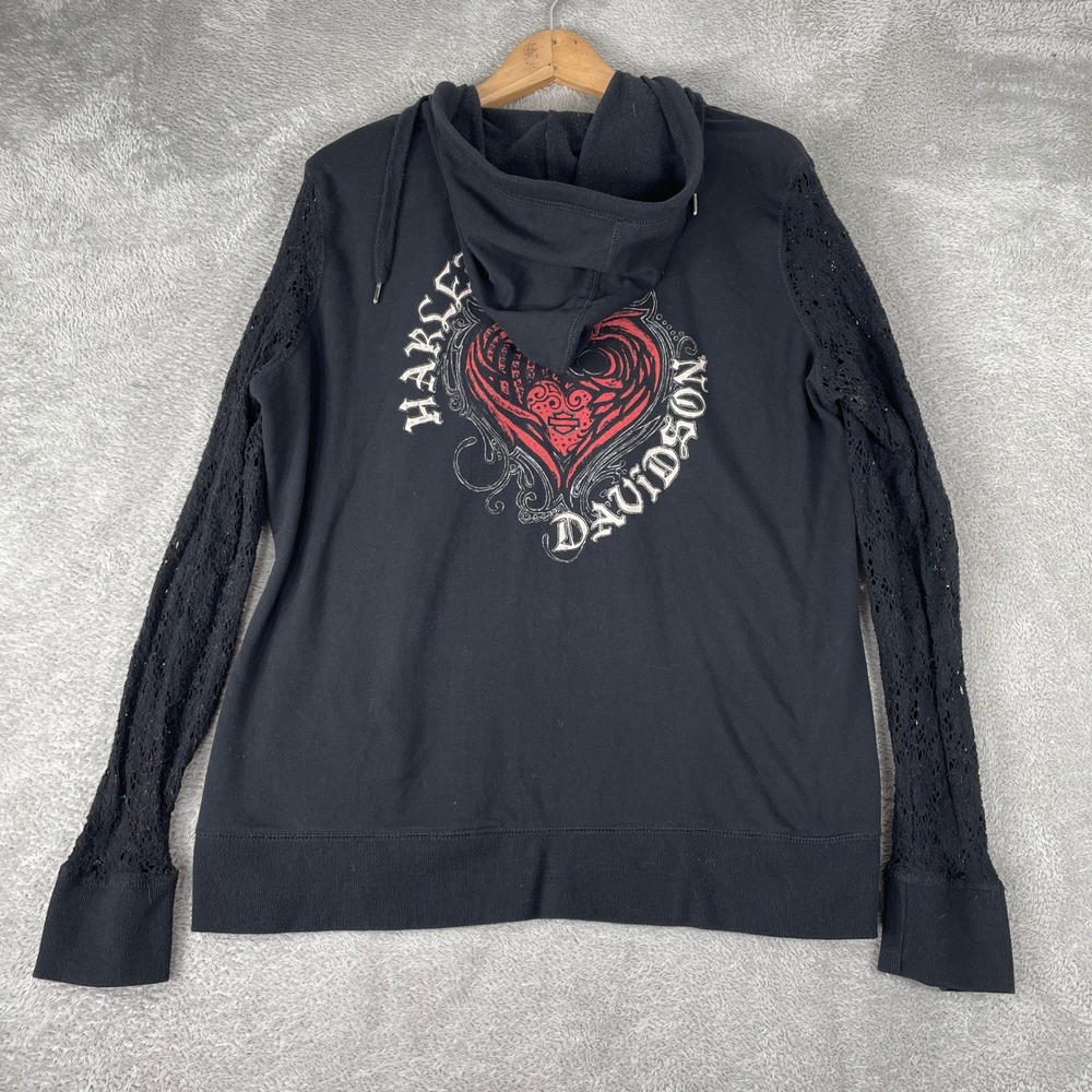 Harley-Davidson Hoodie Womens 2XL Black Y2K Lace Sleeve Heart Biker Goth